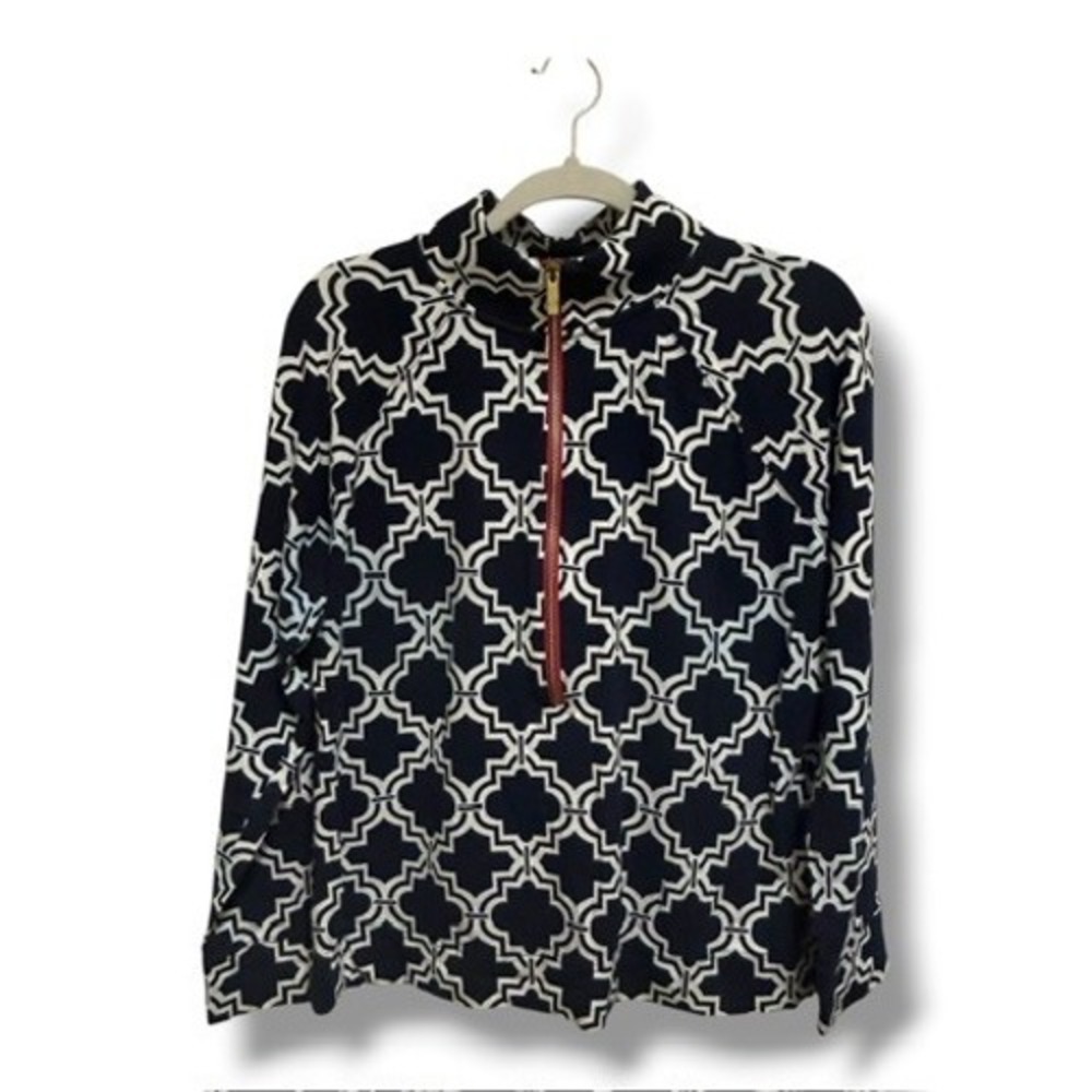 Crown Ivy Beach Navy White Quatrefoil Quarter Zip Pullover L Preppy Coastal Top